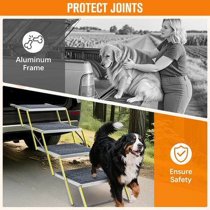 Reflective 20" Wide Dog Car Ramp, 4-Step Aluminum Stairs with Non-Slip Carpet - Foldable Design for Trucks/SUVs/Beds - Heavy Duty 200Lbs Capacity for Large Breeds