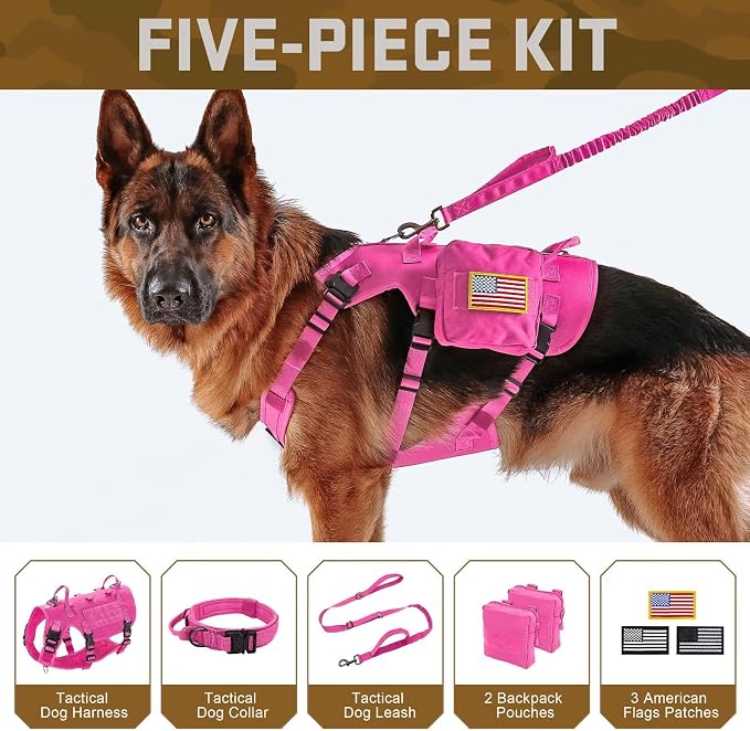 Forestpaw Pink Tactical Dog Harness Tactical Dog Collar with Bungee Leash Set,No Pull Military Dog Harness for Walking Training,Adjustable for Medium Dogs,Chest 17-25"