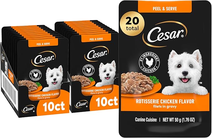 Cesar Filets in Gravy Wet Dog Food Rotisserie Chicken Flavor, 1.76 oz. Mini-Pouch (20 Count, Pack of 1)