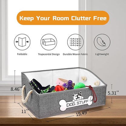 Collapsible Fabric Dog Toy Box and Storage Bin With Handle - Trapezoid Basket Chest Organizer for Pet Toys, Blankets and Accessories,Light Grey