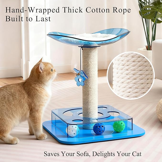 Modern 3-in-1 Interactive Cat Toy with Puzzle Box, Cat Bed/Perch & Scratching Posts, Colorful Jingle Balls, Dangling Accent, Puzzle Toys for Indoor Cats, Acrylic, Blue