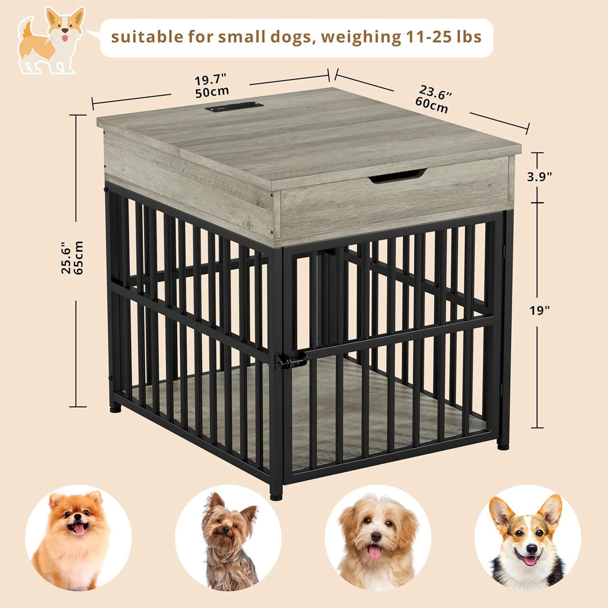 IRONCK Dog Crate Furniture for Small Dogs, Wooden Dog Kennel with Flip Top Drawer, Indoor Pet Crate End Table with Charging Station, Steel-Tube Dog Cage, Gray
