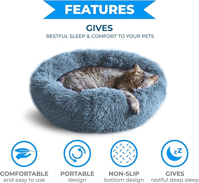 Whiskers & Friends Cat Bed Dog, Cat Beds for Indoor Cats, Orthopedic Soft Fluffy Round Calming Pet Bed for Small to Large Kitty Kittens & Dogs, Small Dog Beds & Furniture - with Blanket
