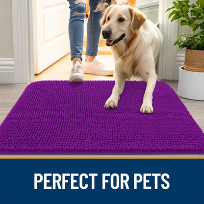OLANLY Dog Door Mat for Muddy Paws 47x17, Absorbs Moisture and Dirt, Absorbent Non-Slip Washable Doormat, Quick Dry Chenille Mud Mat for Dogs, Entry Indoor Entryway Carpet for Inside Floor, Purple