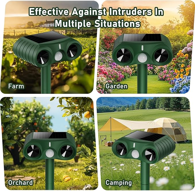 4PCS 2026 Upgraded Ultrasonic Solar Animal Repellent Outdoor,USB-C Charging and Wall-Mounting Capability with Motion Activated,for Deer Cat Squirrel Raccoon Rabbit Dog Garden Yard