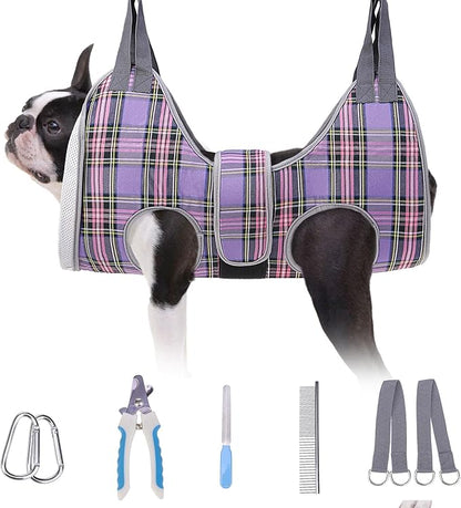 BEAUTYZOO Dog Grooming Hammock for Small Dogs Cat- Dog Sling for Nail Trimming/Clipping- Dogs Hanging Harness Holder with Thick Fabric Neck Support & Strap Restraint Claw Care, Purple S