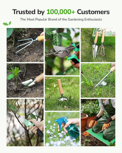 All-in-One Garden Tool Set, 11-Piece Heavy Duty Gardening Tools with Ergonomic Canvas Shoulder Crossbody Bag, Rust-Proof Premium Garden Tool Kit, Gardening Gift for Women Men, Green, GR003