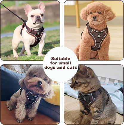 SOLMOONY Small Dog Harness,Soft Mesh Puppy Harness and Leash Set,No Escape Cat Harnesses for Training Walking,Reflective Adjustable Puppy Vest for Small Medium Dogs, Cats (Brown, L)