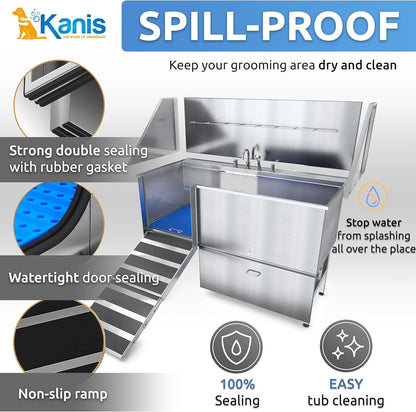 KANIS Professional Dog Washing Station - 304 Stainless Steel Pet Wash Sink & Grooming Bath Tub for Home with Ramp, Shower, Floor Grate, Storage Drawer, Faucet, Drain Kit for Large, Medium & Small Pets