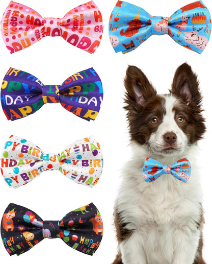 PET SHOW 5 Pack Happy Birthday Big Dog Bow Ties Sliding Collar Attachment Pet Bowties for Medium Large Dogs Party Balloon Cake Bowknots Collar Charms Grooming Accessories