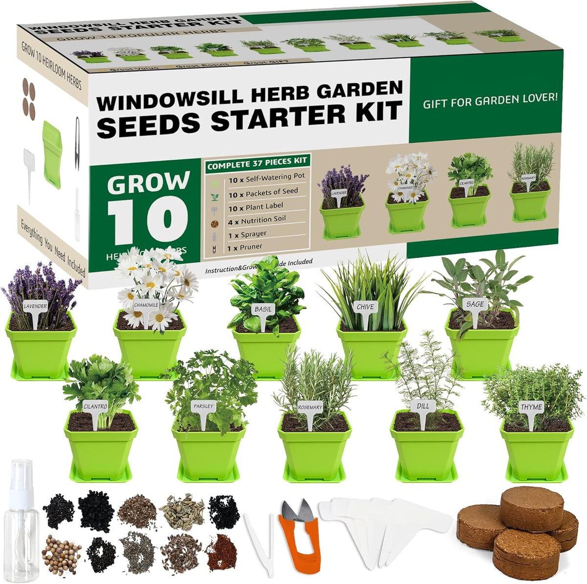 10 Herb Seeds Garden Starter Grow Kit with Green Pots, Markers, Nutritional Soil, Watering, Herb Clipper, Complete Indoor Potted Plant Growing Set for Kitchen DIY