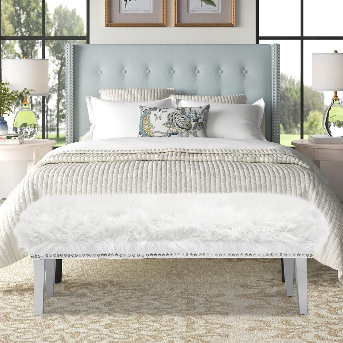 46 Inch White Bedroom Bench, Modern Multi-Purpose Bench with Wooden Legs, White Faux Fur Upholstered Bench for Bedroom, Living Room, or Entryway