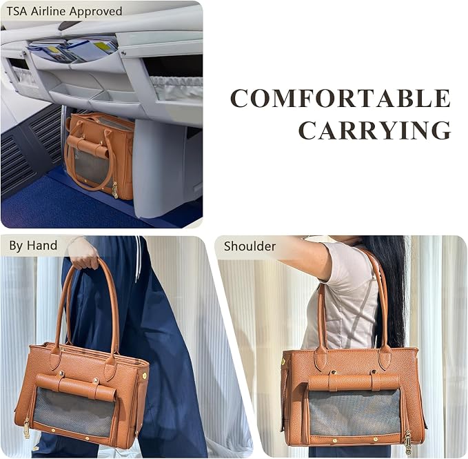 Minsong Fashion Pet Carrier Purse for Small Cat and Dog, Luxury Pu Soft-Sided Tote Bag with Large Pockets for Dogs and Puppies (Brown, 13.6" L x 6" W x 10.0" H)