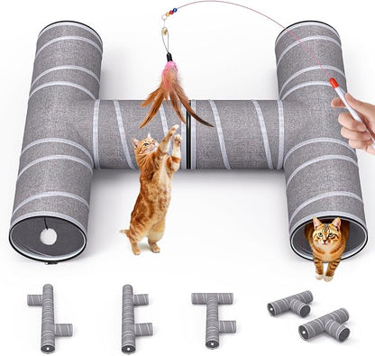 Cat Tunnel 4 Way with Teaser Wand & 2 Plush Ball, 5 Shapes Available, 54/80.7" L, H-Shaped Collapsible Pet Play Tube Maze for Kitten Puppy Bunny Ferret Rabbit, Indoor/Outdoor Peekaboo Cave
