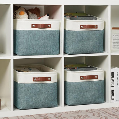 DULLEMELO Storage Baskets for Shelves, Fabric Collapsible Rectangular Storage Bins for Shelves, Closets, Nursery, Home, Office, Empty Gift Baskets (4-Pack-15"*11"*9.5", White&Deep Green)