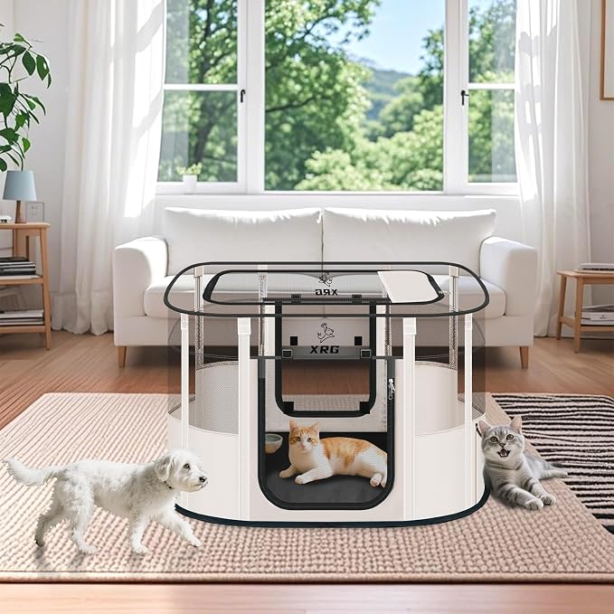 XRG Foldable Dog Playpen with Pad,Indoor Cat Kennel M(31.5"x23.6"x21.7") | Portable Dog Crates with Upgrade Breathable Mesh，Sturdy Cat cage Indoor & Outdoor for Rabbit or Small Animals，Beige