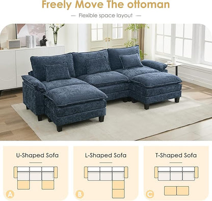 URRED Cloud Couch Modular Sectional Sofa, 122" Modern U Shaped Deep Seat Sofa with 2 Ottomans & Pillows, Ultra Comfy Chenille Couches for Living Room, Bedroom or Apartment, Blue