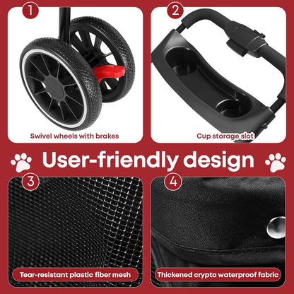 Pet Stroller,Dog Stroller for Small Medium Dogs Cats,3 Wheels,Foldable,with Breathable Mesh Canopy,Cup Holders,Easy Assembly,Red+Black