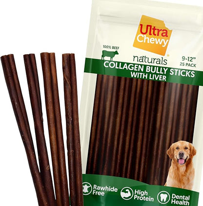Ultra Chewy Collagen Sticks 9-12 inches (25 Pack) – Long Lasting Odor-Free, All-Natural Dog Chews – Rawhide & Bully Stick Alternative