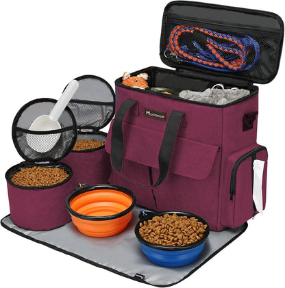 Airline Approved Pet Travel Bag, Weekend Travel Set for Dog and Cat, Airline Approved Tote Organizer with Multi-Function Pockets, 2 Dog Food Storage Containers, 2 Collapsible Bowls (Rose Red)