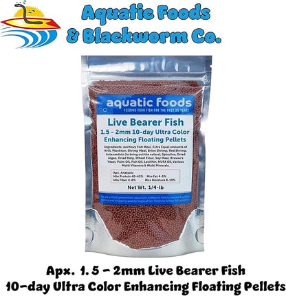 Aquatic Foods Inc. Live Bearer Ultra Red Color Enhancing 1.5mm-2mm Floating Pellets. Color Enhancing in 10-Days for Swordtails, Platies, All Live Bearers…1/4-lb Bag