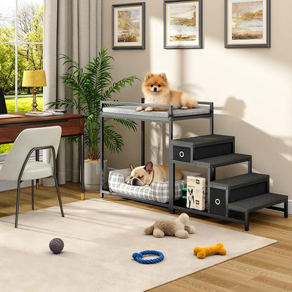 kepptory Pet Bunk Bed with Stairs and Storage, Dog Beds Attachment to Human Bed, Bedside Dogs Cot for Small, Medium Cats & Dogs, Pet Window Perch (Grey)