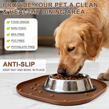 SMILOOL Waterproof Silicone Pet Food Mat with Raised Edge for Dog & Cat | 12" x 12" Non-Slip Small Pet Feeding Mats with Lip for Food & Water Bowl, Food Grade, Easy Cleaning, Brown