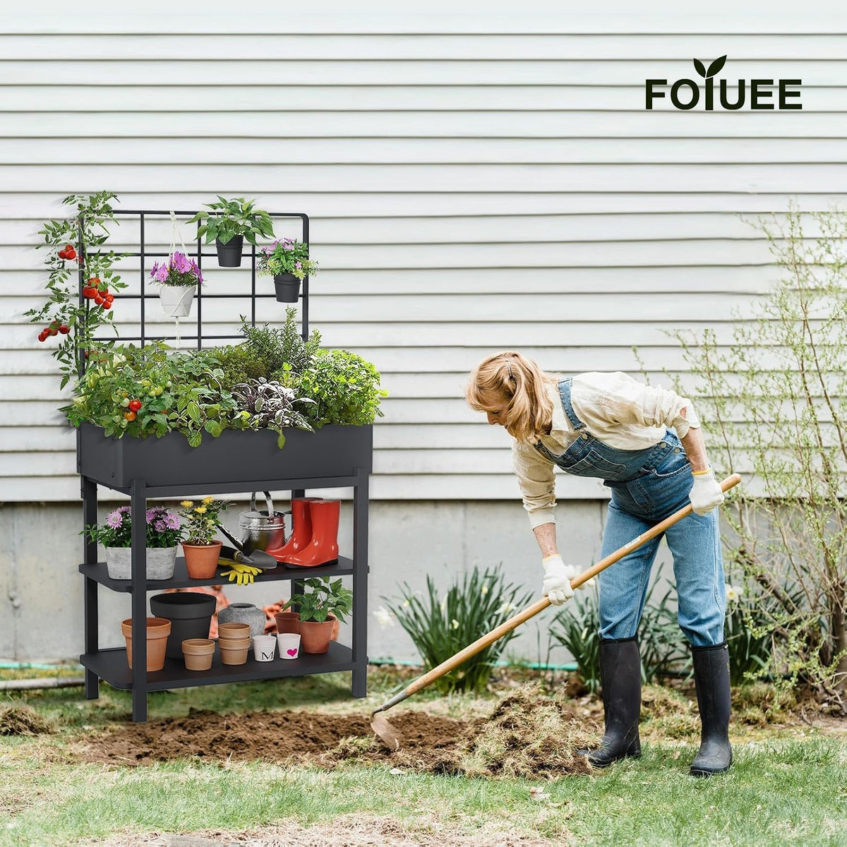 Metal Raised Garden Bed with Trellis, Elevated Planter Box with Legs for Outdoor Patio, Iron Standing Garden Box for Vegetables, Herbs, Flowers, Climbing Plants