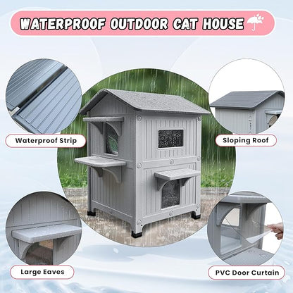 Plastic Outdoor Cat House - Cat House for Outside with Insulated Liner for Winter，100% Weatherproof Cat Houses for with Escape Door, Feral Cat Shelter for Porch Barns Strays