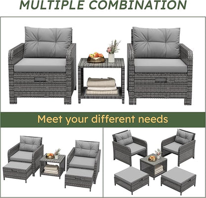 LHBcraft 5 Piece Patio Conversation Set Outdoor Patio Chairs with Ottomans Balcony Furniture with Soft Cushions & Coffee Table for Poolside Garden Balcony, Grey
