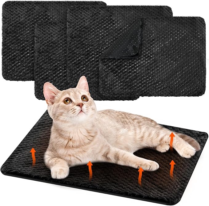 4 Pcs Self Heating Cat Pad Self Warming Cat Bed Dog Heating Pad Washable Thermal Pet Mat for Indoor Outdoor Pet 16 x 20 Inch Removable Non Slip(Black)
