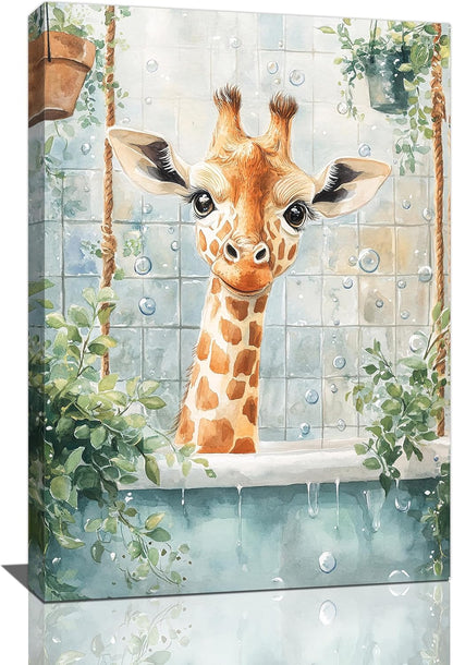 Bathroom Funny Giraffe Pictures Wall Art, Watercolor Giraffe Bathroom Wall Decor, Animal Framed Painting Canvas Artwork for Living Room Decorations 24"L x 16"W