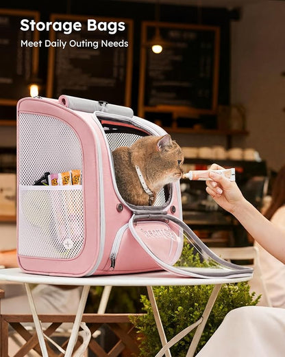 Pecute Cat Backpack Carrier,Large Space Cat Bubble Backpack,Ergonomic,Pink | Sunshade Curtain,Transparent Window,Safety Rope,Sturdy,Large Mesh on Both Sides for Breathability,Suitable for Outdoor,Vet