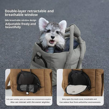 Dog Walking Bag Sling, Dog Carrier Purse with Safety Leash Clip,Warm Soft Sided Pet Carrier Purse for Small Medium Dogs Cats Portable Hands-Free Shoulder Tote for Outdoor Travel (Dark Brown)