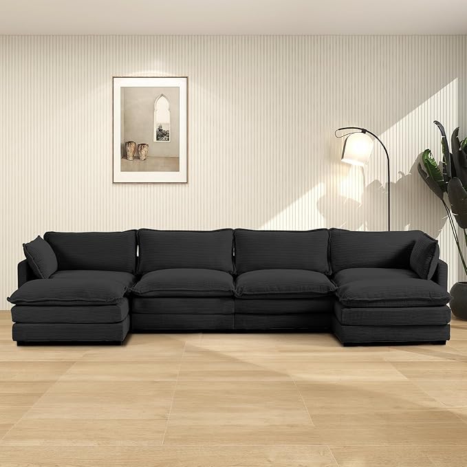 ROWHY 148'' Sectional Cloud Couch with 2 Ottomans, Oversized 4 Seat Sleeper Sofa with 2 Throw Pillows, Convertible Upholstered U Shaped Cozy Sofa Furniture Set for Living Room and Office, Black