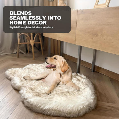IHAPPYDOG Luxury Faux Fur Orthopedic Dog Bed, Memory Foam Dog Bed for Small, Medium, Large and XL Pets, Fluffy Pet Rug with Waterproof and Washable Cover (White w/Brown Tips, 40"x25")