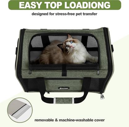 GAPZER Medium Cat Carrier Bag Lightweight, Soft-Sided Small Pet Carry Crate | 18 x 11 x 11 Light Weight Yorkie Kennel up to 15 lbs for Indoor House, Top Entry Bunny Canvas Bag Vet Visit Easy Clean Olive