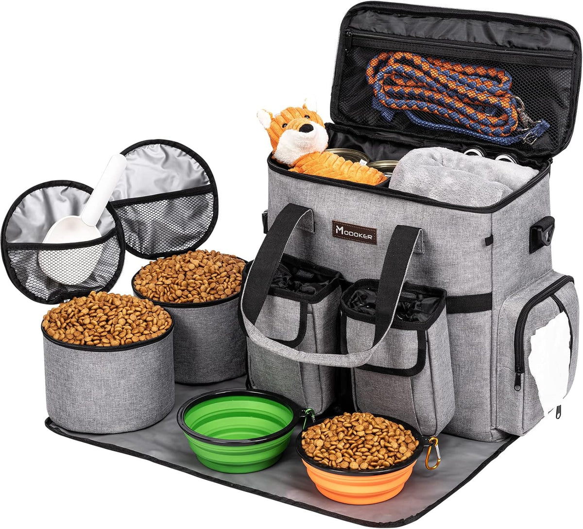 Airline Approved Dog Travel Bag with 2 Dog Treat Training Pouches, Tote Organizer for Weekend Pet Travel Supplies & Accessories, 2 Collapsible Bowls, 2 Food Container (Grey)