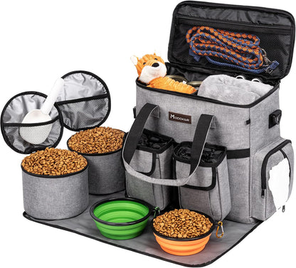Airline Approved Dog Travel Bag with 2 Dog Treat Training Pouches, Tote Organizer for Weekend Pet Travel Supplies & Accessories, 2 Collapsible Bowls, 2 Food Container (Grey)