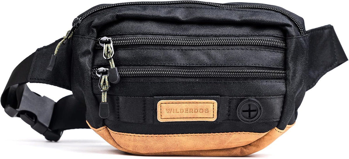 Wilderdog Utility Fanny Pack stores Treats, Balls, Keys in 3 Pockets with adjustable strap and Poop Bag dispenser (Black)