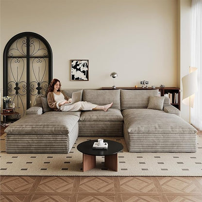 107" Cloud Sectional Couch U-Shaped Chaise with Ottoman, Corduroy Boneless Couch for Living Room Bedroom, Deep-Seat Upholstered Modular Cloud Sofa, No Assembly Required (Camel, Right Facing Chaise)