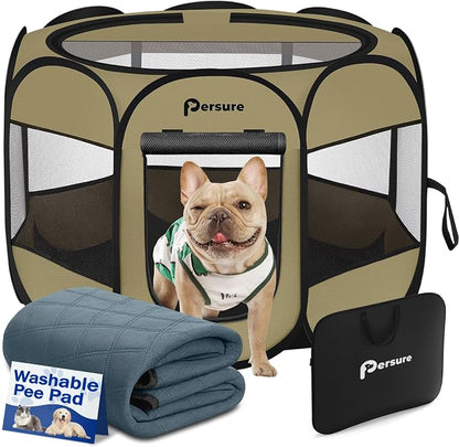 Persure Dog Cat Pet Playpen Puppy Crate Cage for Indoor Outdoor Travel | Nursing Rest Zone Recovering Pet Quarantine Room Portable Pop Up Easy to Set up lightweight Bag(Khaki with Pad, Medium)