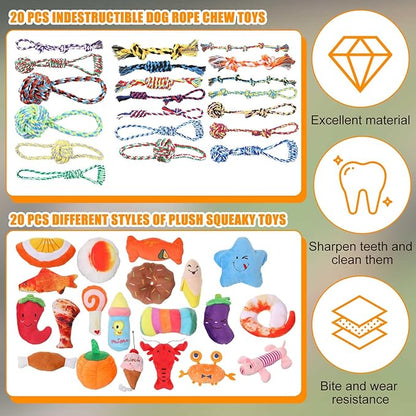 Leyndo 40 Pack Dog Chew Toys for Aggressive Dogs Plush Squeaky Rope Toys for Medium and Large Breed Pet Tug of War Teething Chew Tug