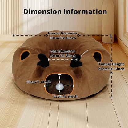 Cat Tunnel Bed for Indoor Cats with Washable Cushion Cat Cave Donut Tunnel with Fluffy Ball Big Round Tube Pet Playground Toys Soft Plush Peekaboo for Kitten, Cat, Puppy, Rabbit, Ferret（Deer）