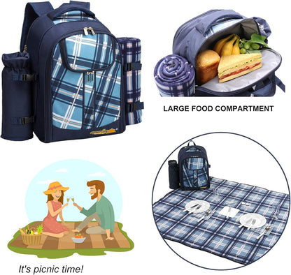Apollo Walker Picnic Backpack Bag for 2 Person with Cooler Compartment, Detachable Bottle/Wine Holder, Fleece Blanket, Plates and Cutlery (Blue)