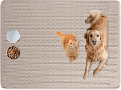 Cat Food Mat, 50" x 35" Extra Large Silicone Pet Feeding Mat with Raised Edge Pet Placemat for Food and Water Bowl Non-Slip, Easy to Clean, Floor Protection (Khaki)