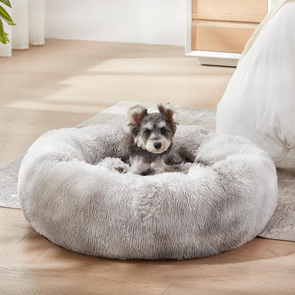 Western Home Calming Donut Small Medium Pet Dog Bed Washable,27" White Grey | Fluffy Faux Fur Round Cuddler,Anti-Anxiety,Anti-Slip Bottom,Plush Pet Dog Beds for Small Medium Sized Dogs,Up to 35 LBS
