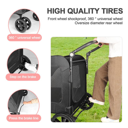 Large Dog Travel Stroller with 4 Heavy Duty Wheels Pet Stroller with Adjustable Handle - Double Doggie Capacity Jogger Wagon with Back Front Door for Small Medium Large Dogs (Black)