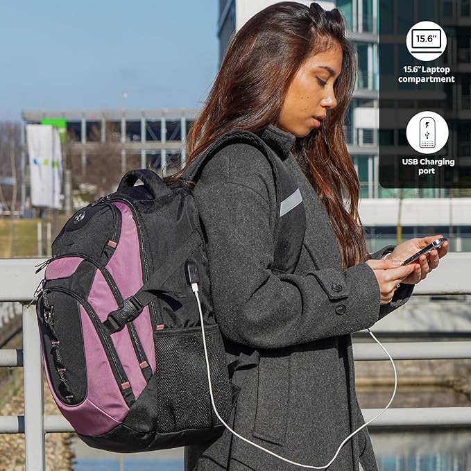 Swissdigital Design Laptop Backpack with USB Charging Port, Travel Backpack Fits 15.6 inches Computer, 31L College School Backpack for Women, Light Purple/Black | SD803-85
