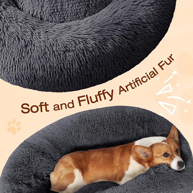 JOLLYVOGUE Dog & Cat Bed, Calming Anti-Anxiety Pet Bed for Small Dogs, Fluffy Donut Cushion for Small and Medium Pets (23")